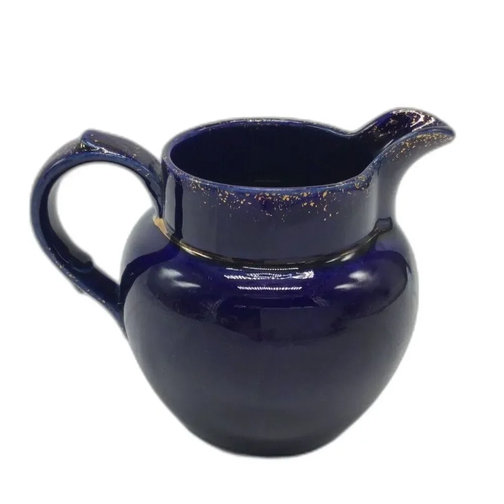 Vintage Indigo Blue Ceramic Creamer Small Pitcher 4 In Gold Speckle Trim Jug